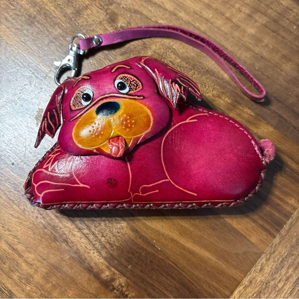 Leather Pink Dog Wristlet Coin Purse Handmade.